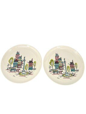 Metlox Poppytrail City Scene Dinner Plates Set Of 2 Vintage California Pottery